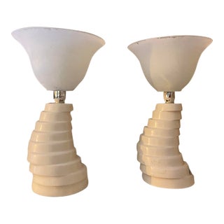 Vintage Postmodern White Sculptural Spiral Table Lamps With Frosted Glass Shades – Pair For Sale