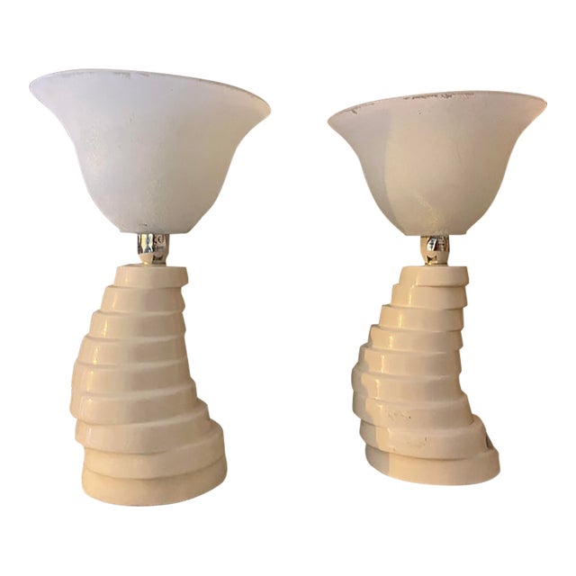 Vintage Postmodern White Sculptural Spiral Table Lamps With Frosted Glass Shades – Pair For Sale