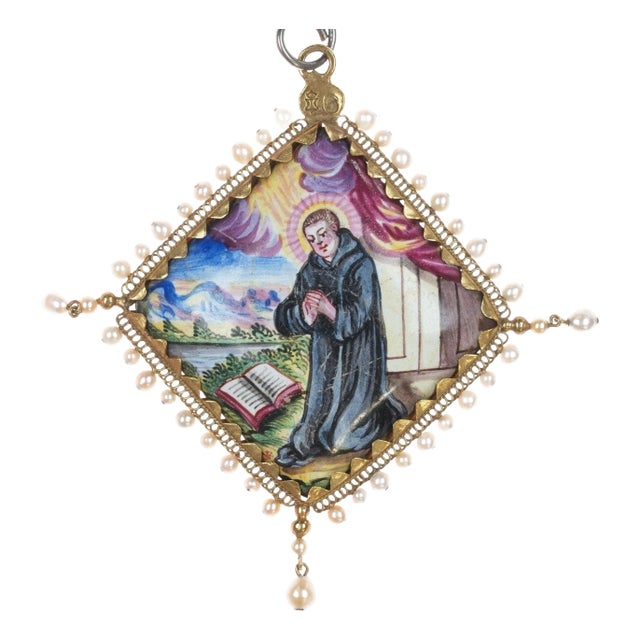 20ct Gold Antique Spanish Colonial Religious Enamel Pendant With Natural Pearls For Sale