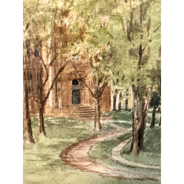 E Swains realist watercolor depicts a tranquil country lane Passing by a lovely old building nestled deep in the woods....
