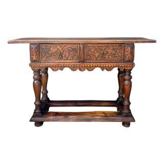 Spanish Renaissance Oak Console with Two Carved Drawers, 1890s For Sale