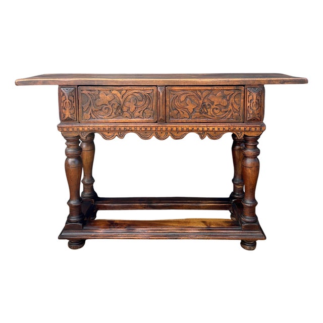 Spanish Renaissance Oak Console with Two Carved Drawers, 1890s For Sale