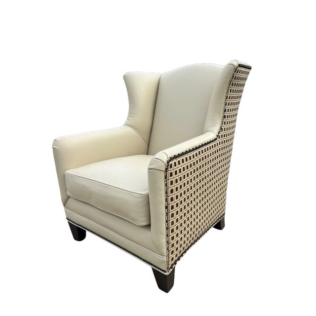 Contemporary Vintage Henredon Acquisitions Collection Leather Wingback Chairs – Ivory Leather, Geometric Upholstery & Nailhead Trim For Sale - Image 3 of 12