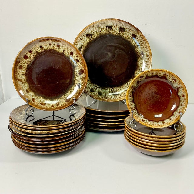 1980s Vintage Brutalist Boho Chic Arts & Crafts Lava Drip Dinnerware - Set of 24 For Sale - Image 6 of 14