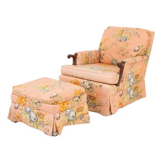 Peach Floral Upholstered Lounge Chair and Ottoman For Sale