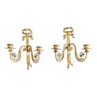 Antique French Gilded Bronze Bow & Ribbon Candle Sconces - a Pair For Sale