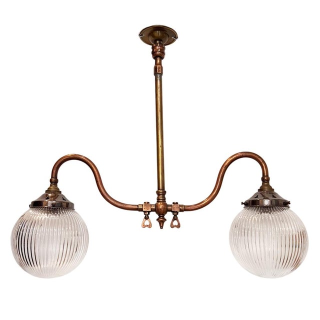 British Hanging Lights with Ribbed Holophane Shades, 1930s, Set of 2 For Sale - Image 3 of 7