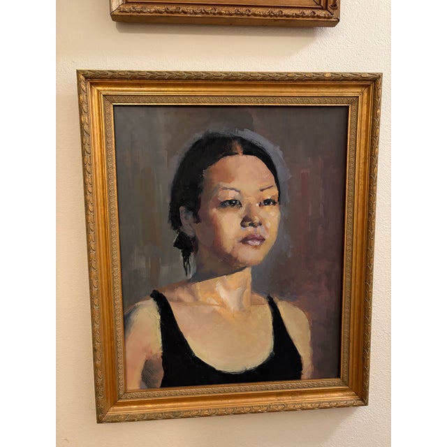 Realism Mid‑Century Oil Portrait of Asian Woman in Beautiful Gold Frame - Portraiture - Gallery Wall - See Images! For Sale - Image 3 of 8