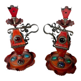 Bradley and Hubbard Copper Candlesticks With Iron Handles and Faceted Colored Glass Crystals - A Pair For Sale