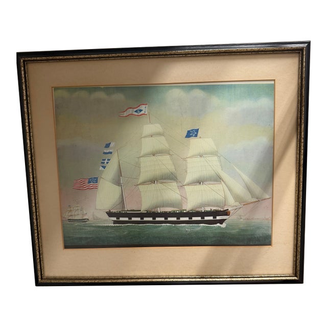 Late 20th Century American Clipper Ship Watercolor — Framed Maritime Wall Art For Sale