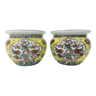 Vintage Asian Famille Jeune Yellow Ceramic Planters - a Pair (Japanese) For Sale