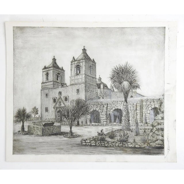 Vintage early 20th Century etching on paper of Mission Conception De Acuna San Antonio Texas. Unsigned, has applied pencil...