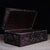 A beautifully crafted Chinese hardwood box, likely made of Zitan wood, featuring deep relief carvings. The lid is...