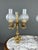An elegant pair of three-light decorative candelabras, richly adorned with embossed plant and foliage motifs. Each...