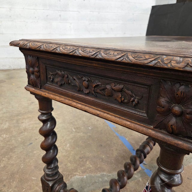Wood Mid 19th Century Jacobean Carved Oak Barley Twist H-Stretcher and Leg Writing Table For Sale - Image 7 of 18