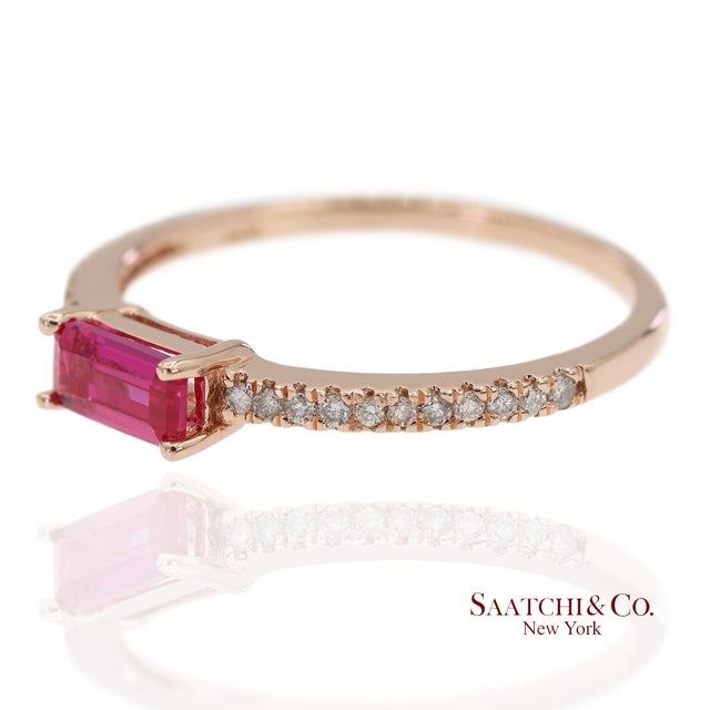 Contemporary 14k 585 Solid Rose Gold Pink Baguette Cut Stone and Natural Diamond Ring, Size 6 For Sale - Image 3 of 12