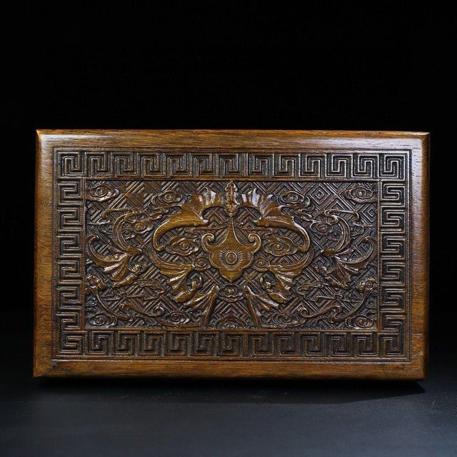 Late 20th Century Chinese Huali Rosewood Carved Treasure Box With Brass Hardware For Sale - Image 5 of 7