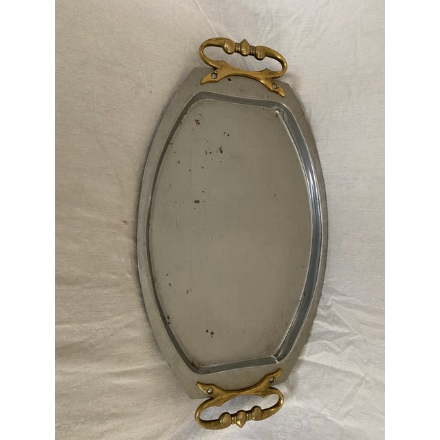 Vintage Mid-Century Kromex Serving Tray Chrome Silver w/ Gold Handles Some Corrosion Spots on Top and Bottom