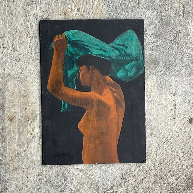 Textile Vintage Boho Figural Oil Painting on Board For Sale - Image 7 of 7