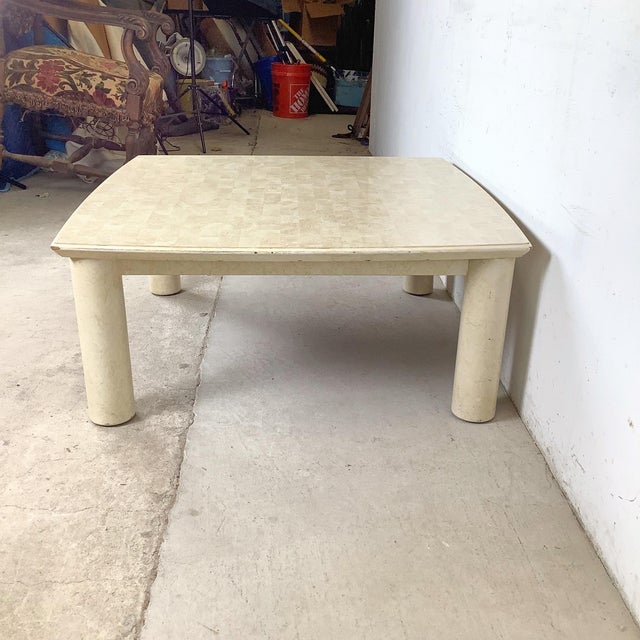 1980s Lane Postmodern Faux Parchment Coffee Table With Sculptural Cylinder Legs For Sale - Image 18 of 18