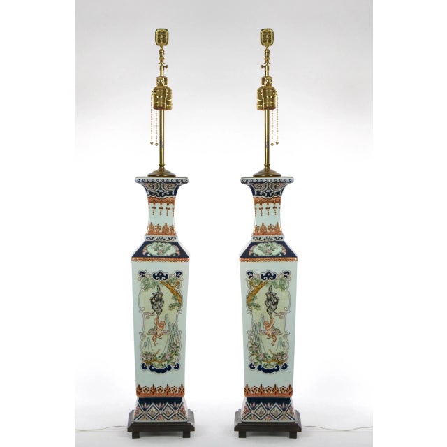 Chinoiserie Hand Painted Chinoiserie Scene Porcelain Pair Table Lamp For Sale - Image 3 of 11