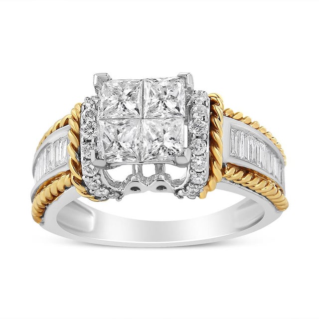 Four gorgeous princess-cut diamonds form the center of this stunning engagement ring for her. A bold border of round...