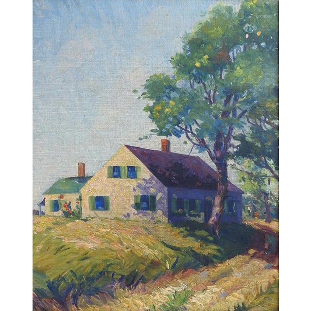 Vintage circa 1930's oil on canvas board farmhouse landscape painting. Unsigned. Displayed in distressed giltwood period...