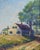 Vintage circa 1930's oil on canvas board farmhouse landscape painting. Unsigned. Displayed in distressed giltwood period...