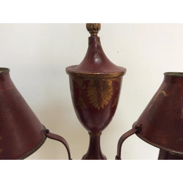 Antique French Red Tole Twin Shaded Table Lamp For Sale - Image 4 of 9