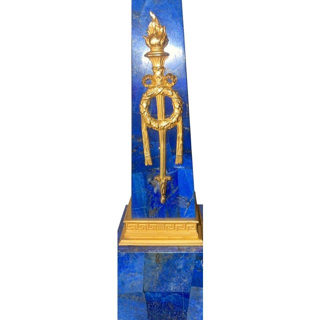 Pair of Early 20th-Century French Lapis Lazuli & Gilt Bronze Obelisk Candelabras For Sale - Image 4 of 6
