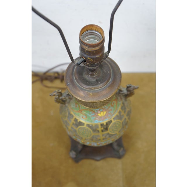 Metal Antique Japanese Champleve Cloisonne Enamel Mantel Urn Vase Lamp For Sale - Image 7 of 13