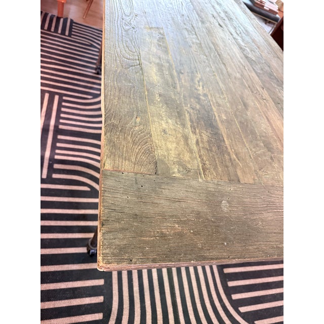 Vintage Restoration “Flatiron” Dining Table Reclaimed Elm Barn Wood Door & Iron Trestle/Casters For Sale In Washington DC - Image 6 of 12