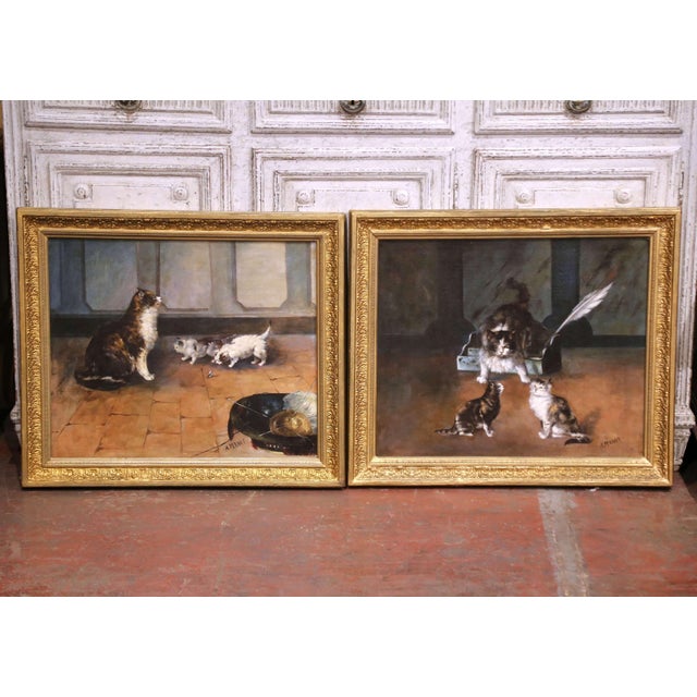 Mid 19th Century Pair of 19th Century French Pendant Cat Oil on Canvas Paintings Signed A. Pernot For Sale - Image 5 of 18
