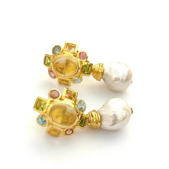 Art Deco Bochic "Orient" Vintage Lemon Quartz, Rodorite & Pearl Earrings Set 18K Gold & S For Sale - Image 3 of 9