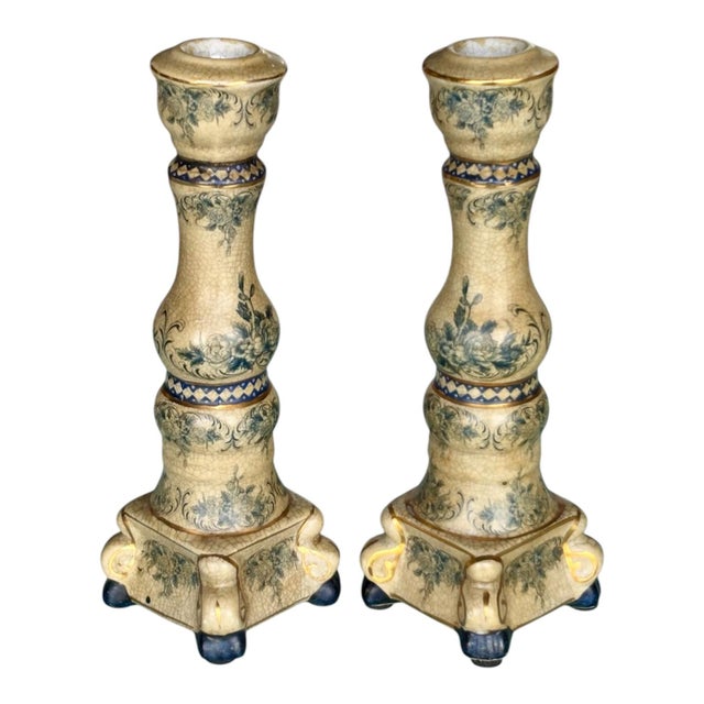 Antique Art Nouveau Candleholders in Ceramic, 1890s, Set of 2 For Sale - Image 4 of 7