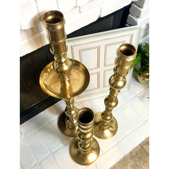 Late 20th Century Solid Brass Tall Floor Candle Holders- Set of 3 For Sale - Image 9 of 10