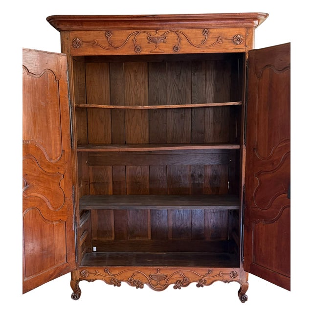 French Country Antique French 18th C Louis XV Fruitwood Linen Press Armoire For Sale - Image 3 of 3