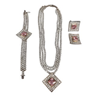 Vintage 925 Silver Set Rhinestone Pink Stones Necklace, Bracelet, Ring and Brooch, Set of 4 For Sale