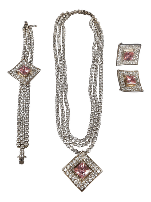 Vintage 925 Silver Set Rhinestone Pink Stones Necklace, Bracelet, Ring and Brooch, Set of 4