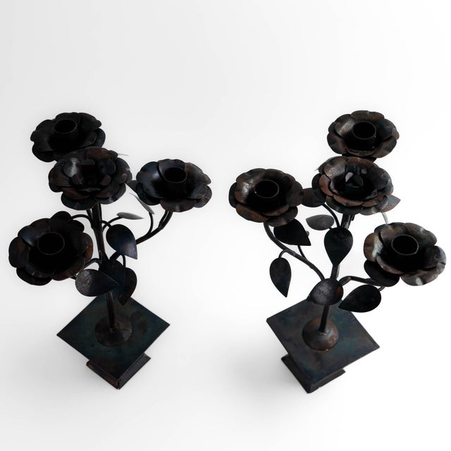 Black Vintage Hand-Forged Iron Rose Candelabra Set For Sale - Image 8 of 12
