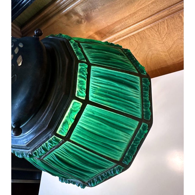 Rare Green Linenfold Double Student Table Lamp Tiffany Studio For Sale - Image 15 of 18