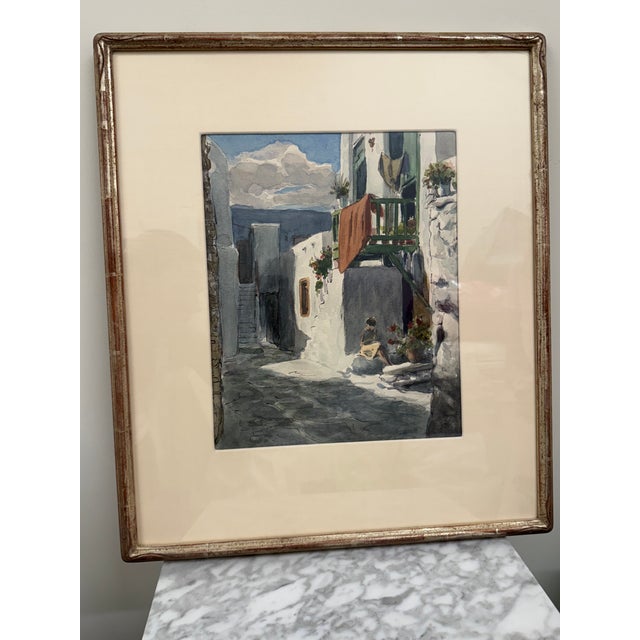 Mid 20th Century 1960s Mediterranean Coastal & Village Scenes Original Watercolor in Custom Silver Leaf Frame For Sale - Image 5 of 5