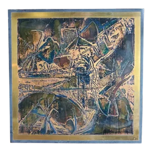 1970s Original Bernhard Rohne Acid Etched Brass Abstract Geometric Plaque Metallic Design Studio Signed and Dated