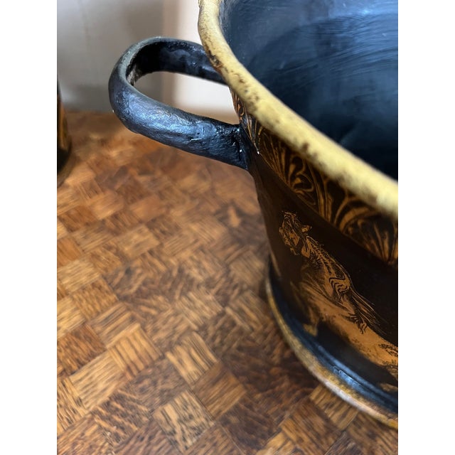 Antique English Planter Jardiniere Horse Equine Black Decoupage Tole Metal C1900 For Sale - Image 17 of 18