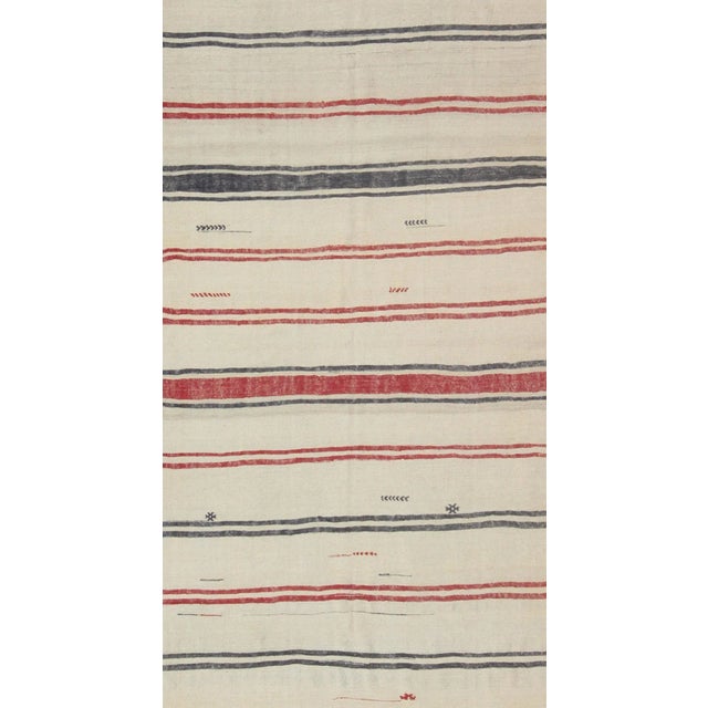 Turkish Kilim Rug With Horizontal Stripes in Red and Blue, Cream Background For Sale - Image 4 of 7