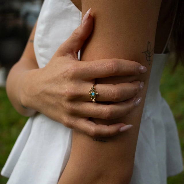 Mystic Turquoise Evil Eye Gold Adjustable Band Ring, Size 8 For Sale - Image 4 of 9