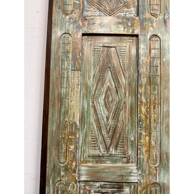 Mid-Century Modern Antique Green Floral Carved Door | Handcrafted Indian Sliding Closet Barn Door 96x29.5 For Sale - Image 3 of 8