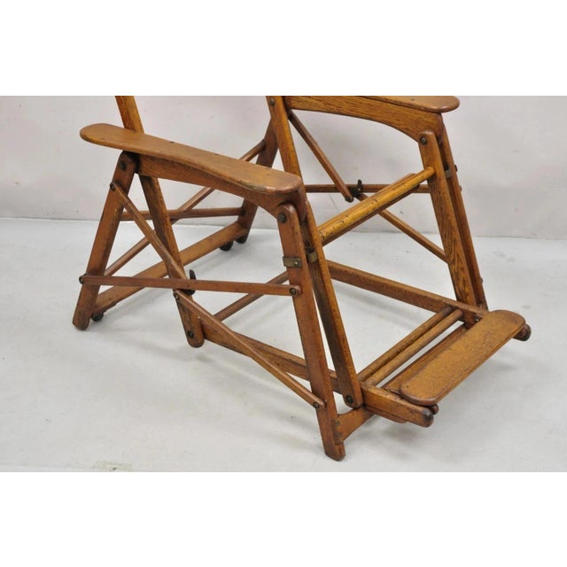 Brown Antique Art Deco Folding Oak Wood Steamer Ship Reclining Deck Chair by Lloyd's For Sale - Image 8 of 12