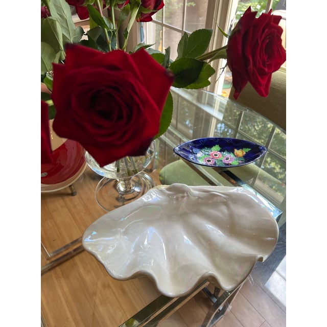 1970s White Ceramic Shell Bowl With Iridescent Glossy Top Layer For Sale - Image 4 of 5