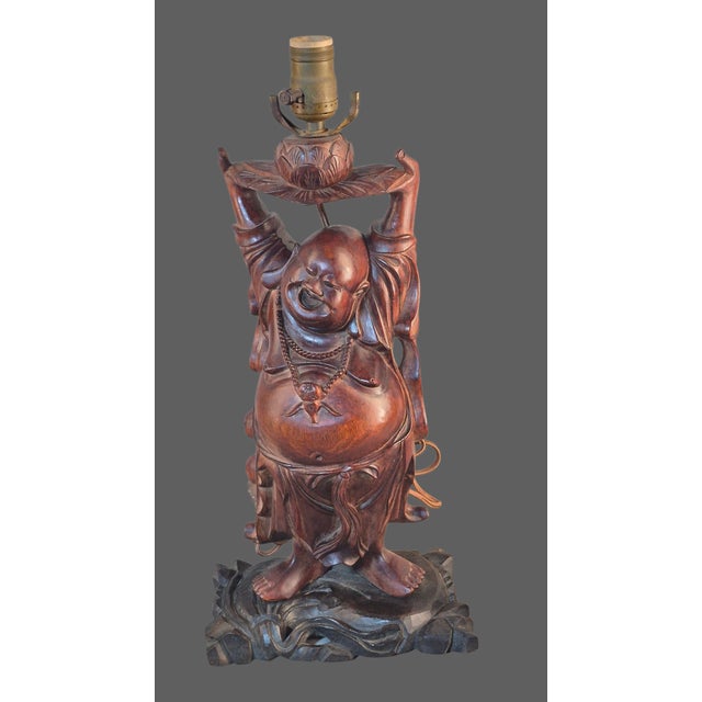 Brown Antique Hand Carved Hardwood Hotei Happy Joyous Buddha Arms Raised Holding a Lotus Flower Table Lamp For Sale - Image 8 of 16